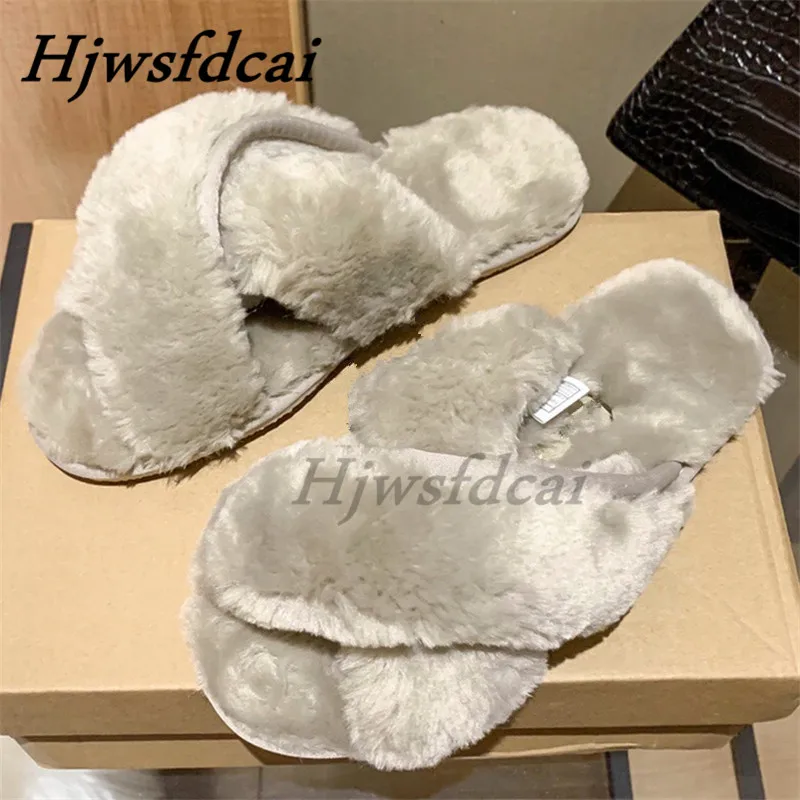 

Hjwsfdcai Fashion Warm Women Wool Slippers Cross Indoor Slides Flat Soft Furry Ladies Flip Flops Home Slippers Brand Women Shoes