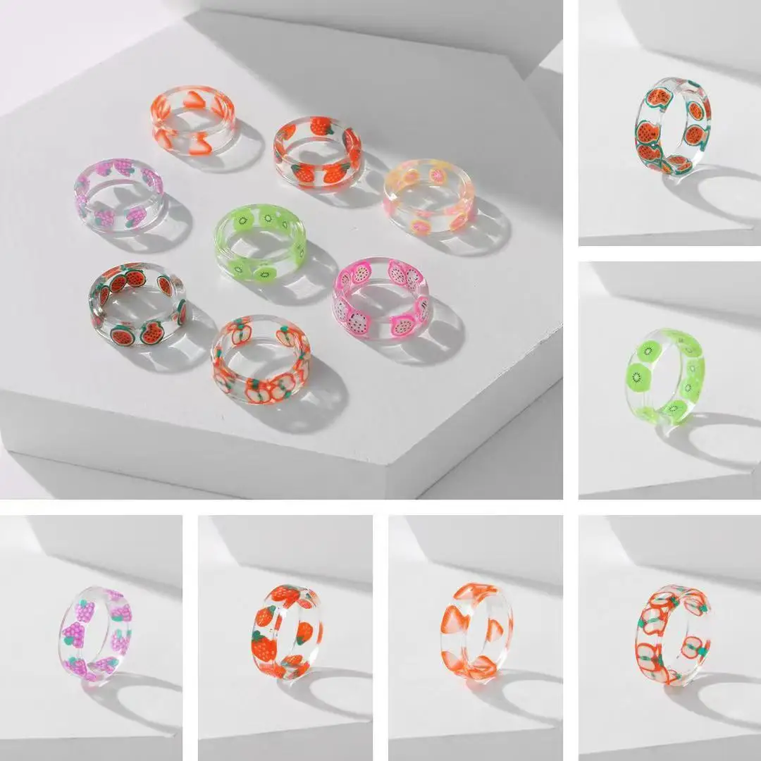 

2021 Korea Colorful Fashion Transparent Resin Acrylic Fruit Strawberry Lemon Ring Geometric Irregular for Women Party Jewelry