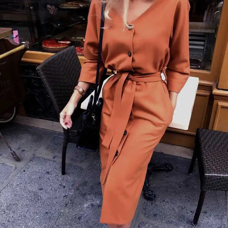 

Women Vintage Back Button Sashes A-line Party Dress Long Sleeve Sexy V necK Solid Casual Elegant Mid Dress 2019 Winter New Dress
