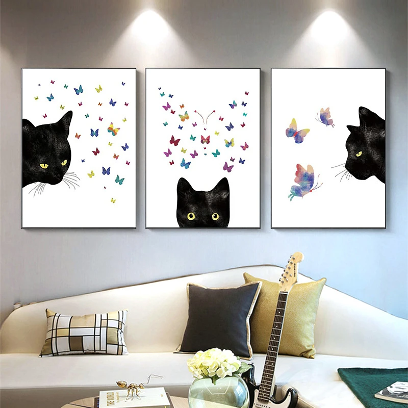 

Cartoon Black Cat Butterfly Cute Children's Room Nordic Style Simple Art Deco Painting Frameless Painting Core HD Home Decor