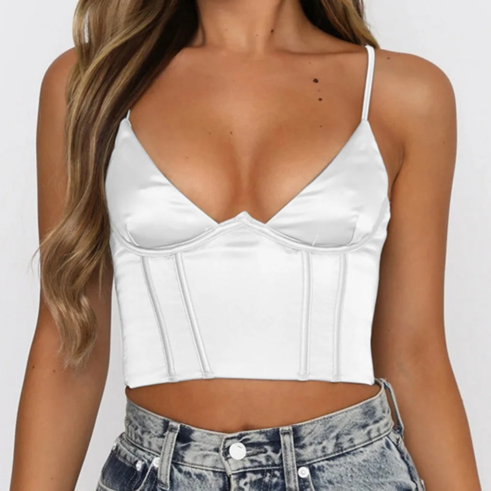 

2021 Summer Sexy Black Satin Silk Corset Top Sleeveless V Neck Bralette Tops Camis White Black Summer Crop Top Women Mini Vest
