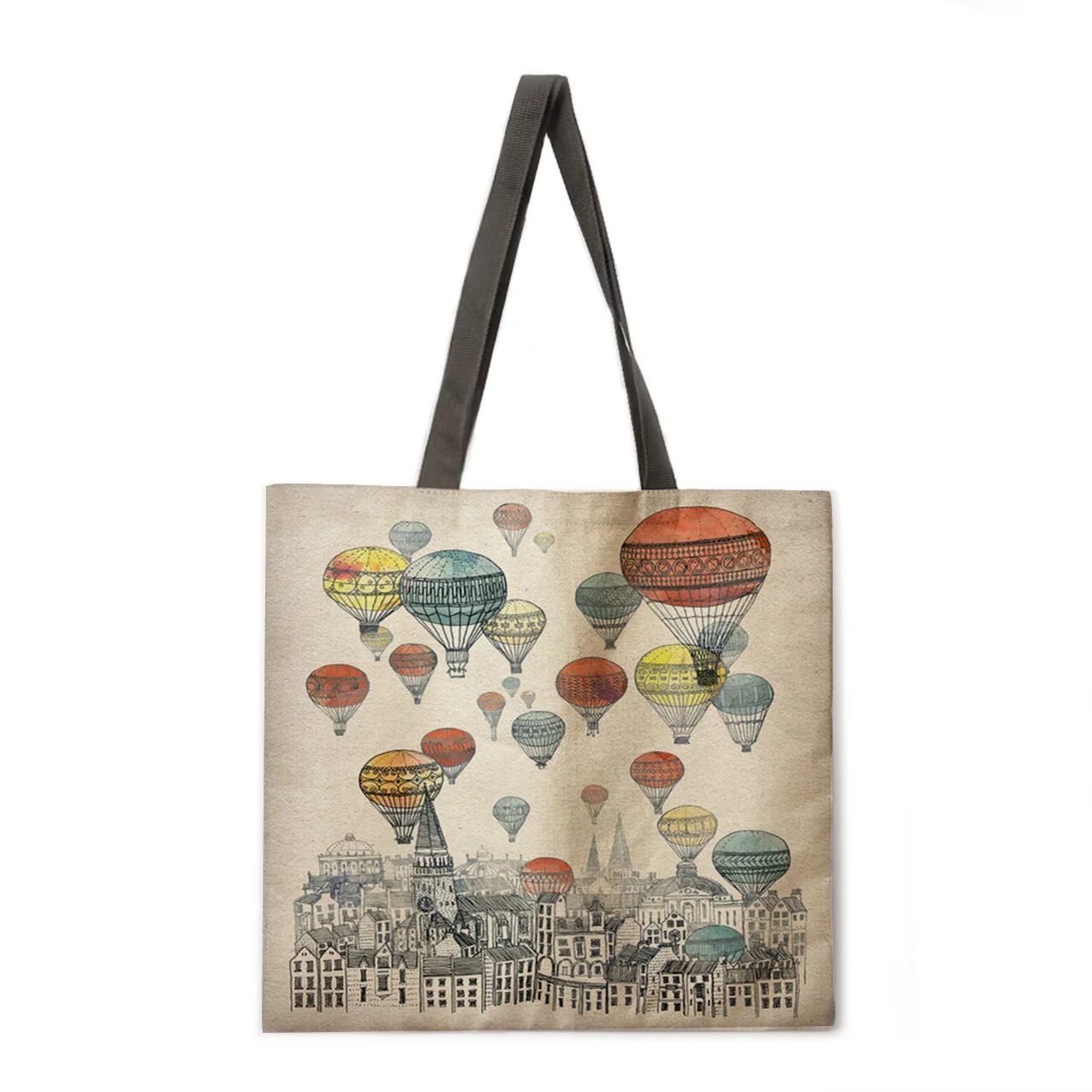 

City and Hot Air Balloon Linen Shopping Bag Ladies Shoulder Bag Foldable Shopping Bag Fashion Beach Bag Handbag