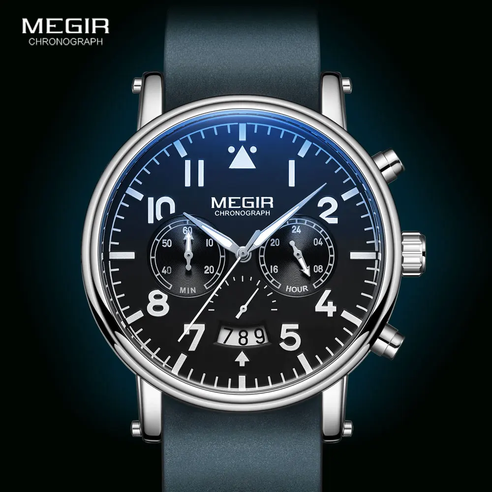 

MEGIR Men's Watches Blue Leather Strap Casual Sport Wristwatch Man Luminous Chronograph Quartz Watch Relogios Мужские часы Reloj