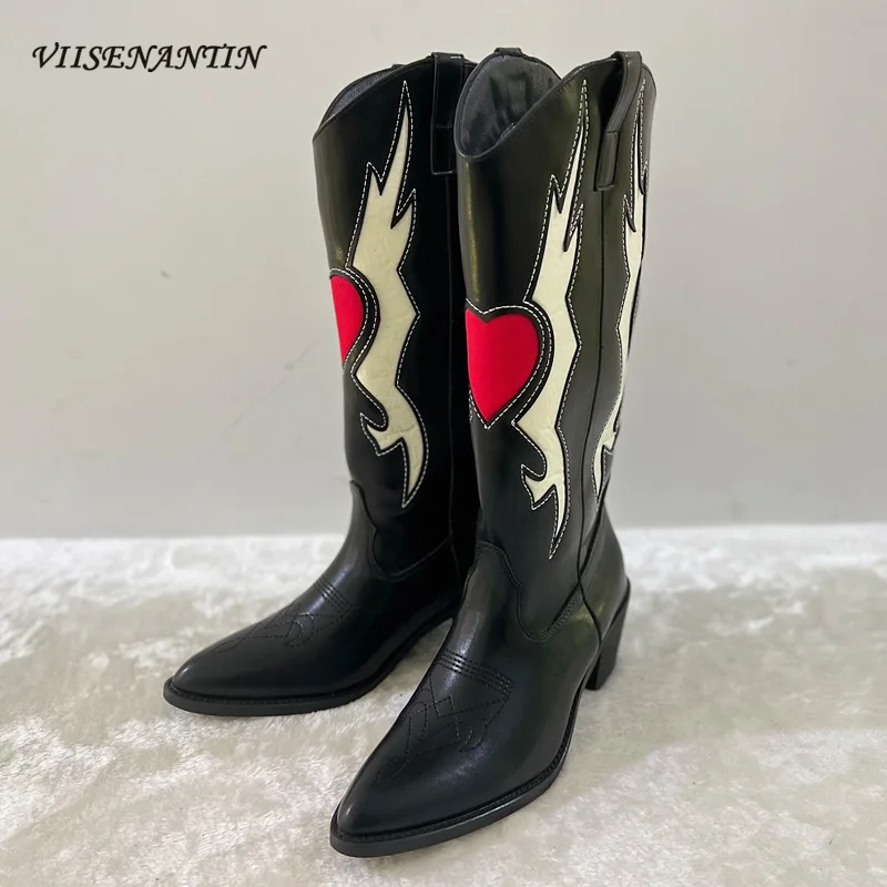 

New Mid-tube High Heel Mixed Color Western Cowboy Boots Pointed Toe Thick-heeled Sleeve Fashion Knight Boots for Women