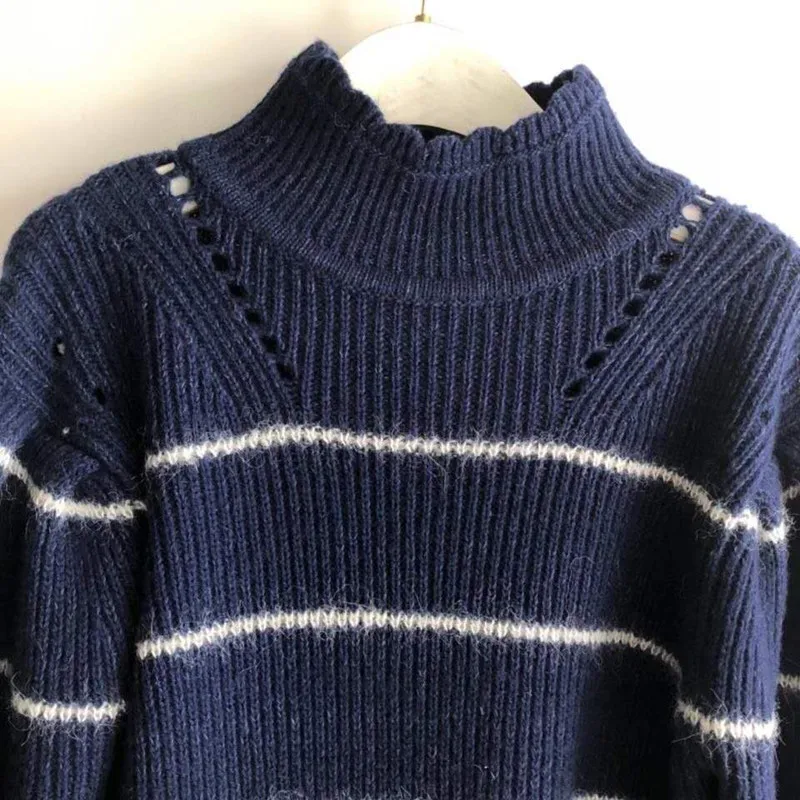 

Women Stripes Hollow out Sweater Turtleneck Long Sleeve Autumn Winter New Knit Pullovers