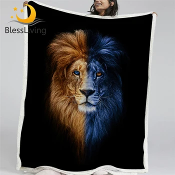 BlessLiving Male Lion Linen Blanket Artistic Microfiber Soft Fluffy Blanket Wild Animal Throw Blanket Yin and Yang Bedding Koce 1