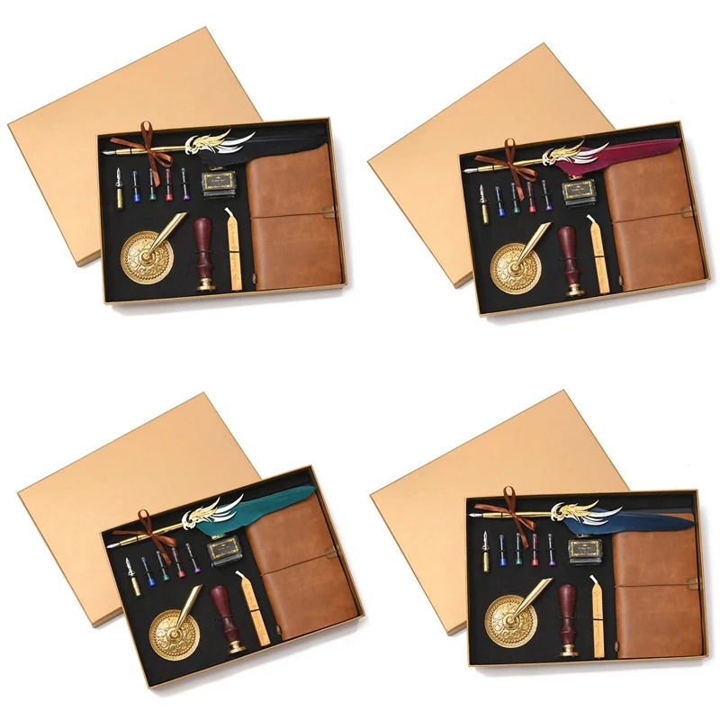 

Creative Ink Bag Feather Pen Set Custom Ink Tube Pen Feather Notebook Wax Seal Gift Box Fountain Pen Notebook Pen Holder Set