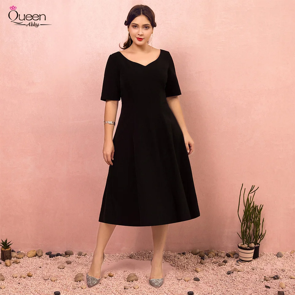Simple Black Plus Size Homecoming Dress 2020 New Half Sleeves V-neck A-line Tea-length Zipper-up for Party | Свадьбы и торжества