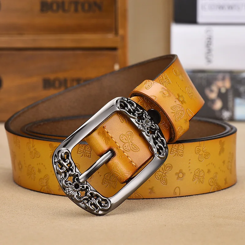 

2020 Women Belt Genuine Leather belt for Women Strap Female Pin Buckle Fashion Vintage Metal Embossing belts FG4002N-1
