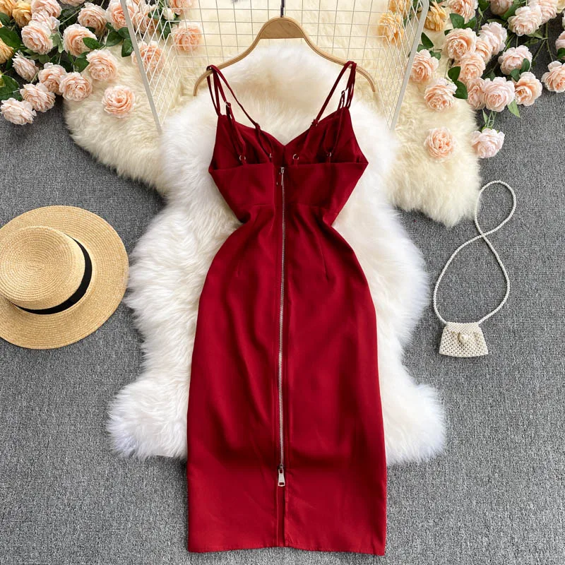 

Women Strap Party Dress Solid V-neck Sleeveless Summer Dress 2021 Fashion Chest Padded High Waist Back Zipper Midi Club Vestidos