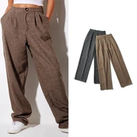 women high waist houndstooth suit pants wide leg pants casual all match simple loose tailored trousers indie plaid new fashion