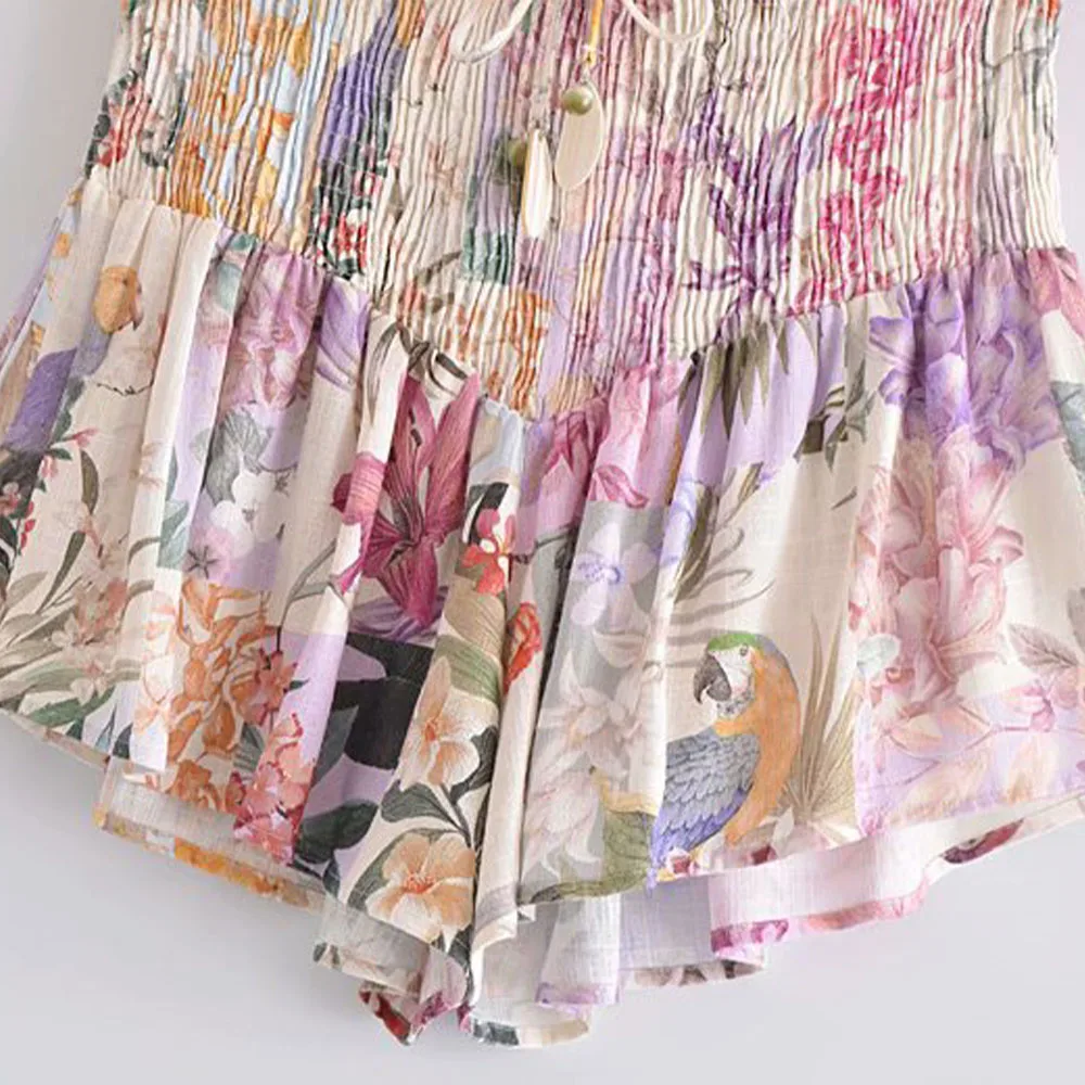 

2021 spring xia new women's pastoral style all-match lace-up pleated waist printing high-waist shorts skirt