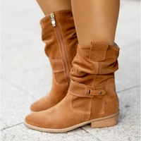 2021 winter warm suede women boots vintage zipper shoes buckle lady mid calf boot outdoor thick low heel female pointed booties
