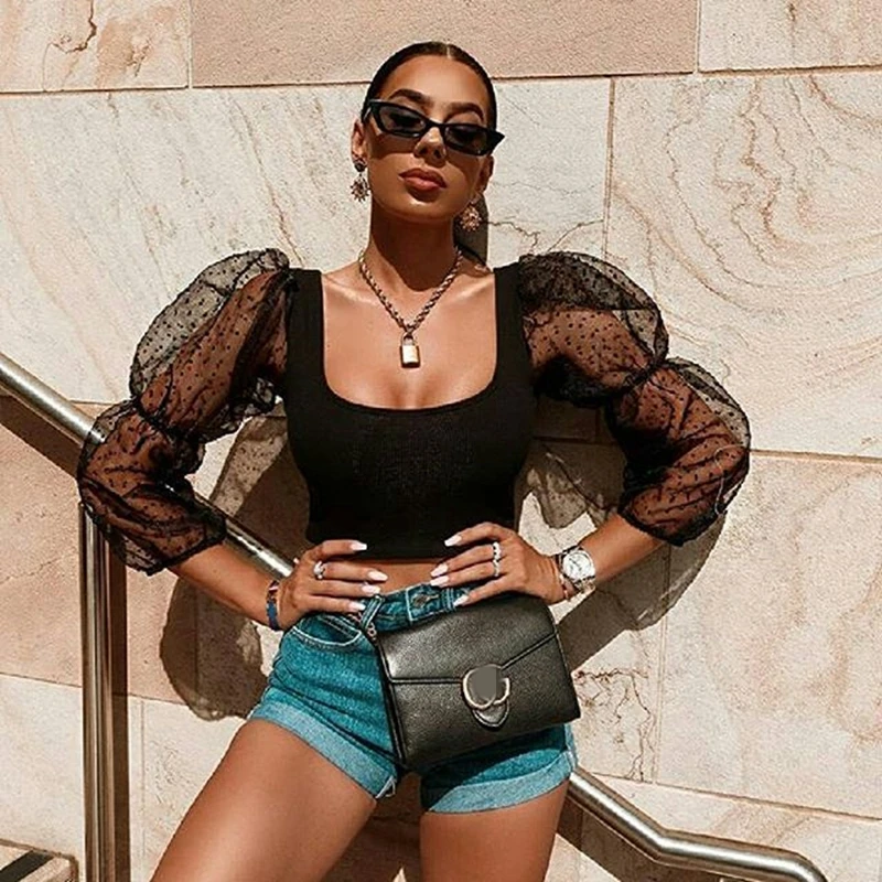 Сексуальная Женская кружевная прозрачная сетчатая блуза в горошек с пышными