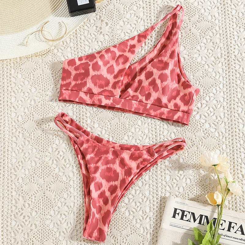 

Sexy Bikini Leopard Print One Shoulder Swimsuit Women 2021 New Separate Swimwear Push Up Bikinis Set Beach Bathing Suit Women