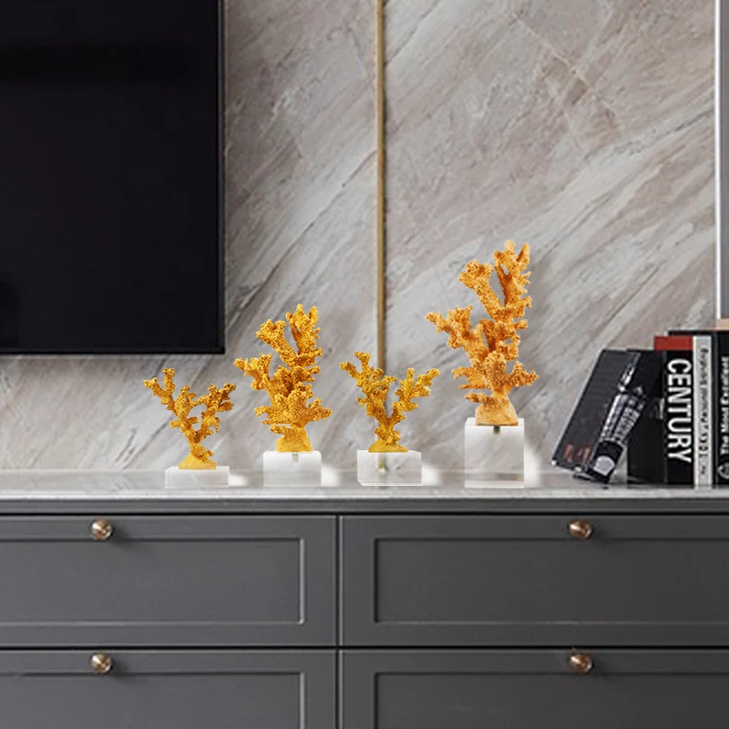 

Nordic Blue Yellow Coral With Crystal Base Ornaments Mediterranean Modern Home Decoration maison Living Room Desktopn Statue
