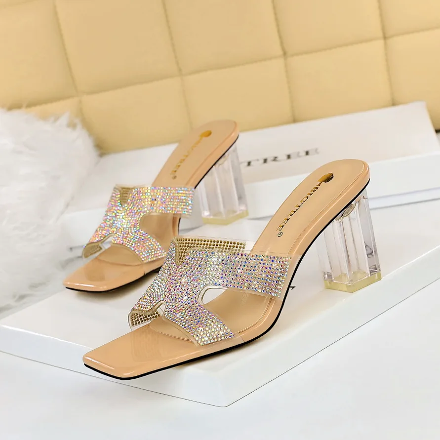 

BIGTREE Fashion PVC Women Shoes Summer Square Heel Peep Toe Slippers Shallow Novelty Patchwork Party Crystal Decoratio Sweet