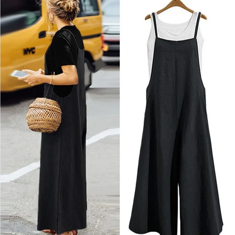 

Women Strap Loose Jumpsuit Summer Casual Wide Leg Pants Solid Dungaree Bib Overalls Sleeveless Oversized Cotton Linen Jumpsuits