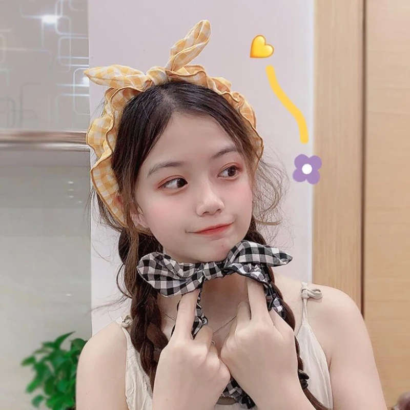 

Lovely Sweet Bow Plaid Rabbit Ear Headband Women Elastic Bow Hair Band Female Turban Girls Hair Accessories Headwear Hair Hoop