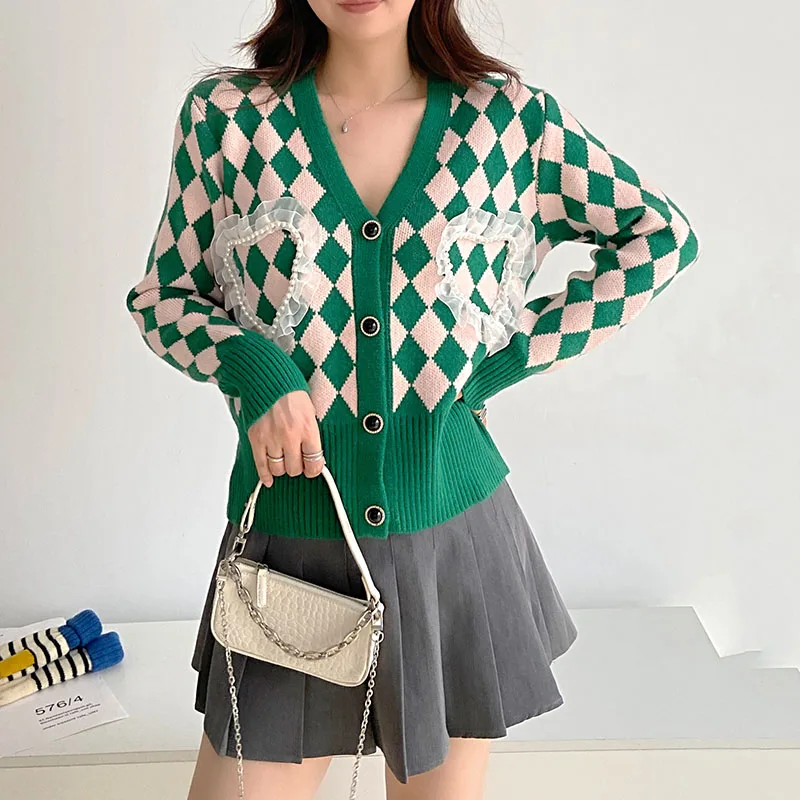 

2021 Autumn Korea Style Color Checkerboard Single-breasted Cardigan Sweater Women's New Slim and Thin Long-sleeved Sweater