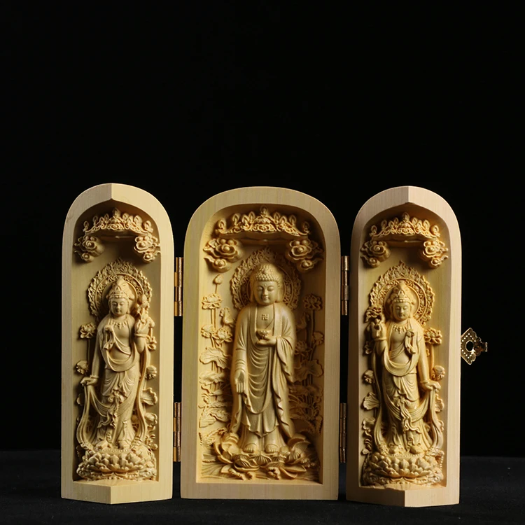 Скульптура Будды из самшита резьба три западных Сага Guanyin деревянная Будда Shrine Fu