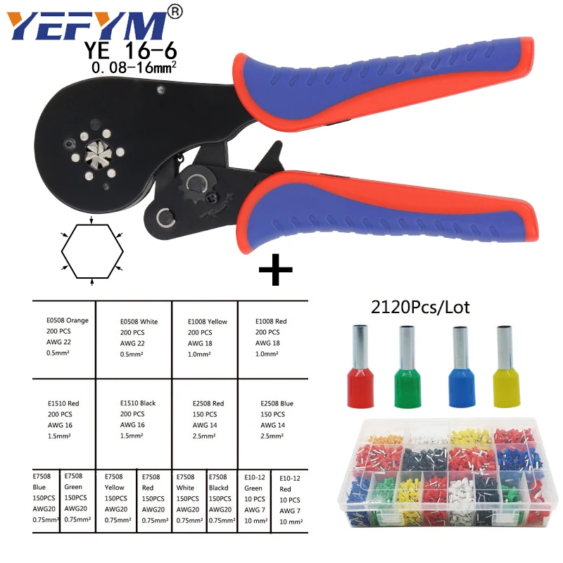 Juego de herramientas y pinzas de prensado, herramientas de prensado manual autoajustable, caja de terminales de tubo eléctrico de alambre, 0,08-16mm2, nuevo