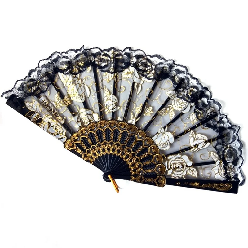 

Rose Flower Lace Fans Chinese Style Dance Wedding Party Bridal Hand Fan Gypsy Style Folding Fan Decoration