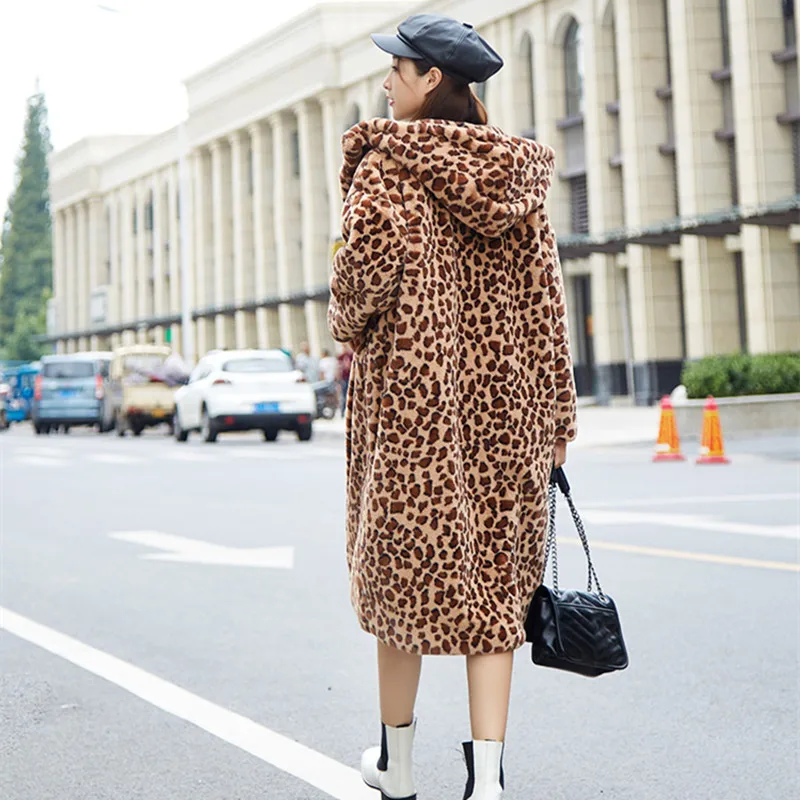 Пальто с искусственным мехом леопардовое длинное пальто капюшоном кроличьим