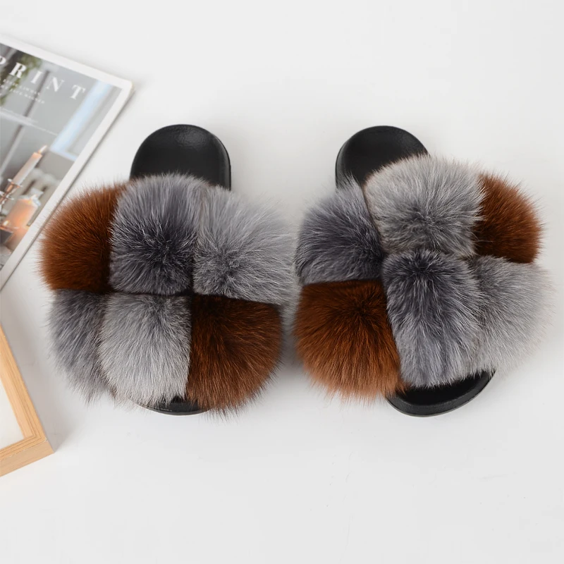 

Fur Slippers Women Furry Slides Summer Fluffy Slippers House Shoes Woman Real Fur Slides Home Wholesale Women's Fur Fox Slippers