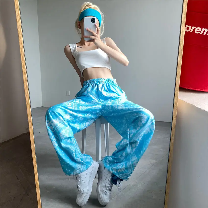 

Top Women's pants traf y2k Ins cashew flower black straight wide leg pants high waist loose and thin casual legged pants fashion