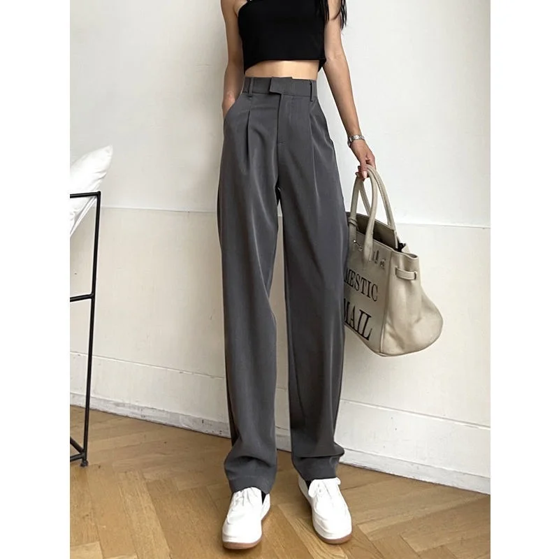 Womens Spring Autumn High Waist Casual Business Dress Pants Suit Pants Loose Straight Mopping Drapping Pants Wide Leg Pants Grey images - 6