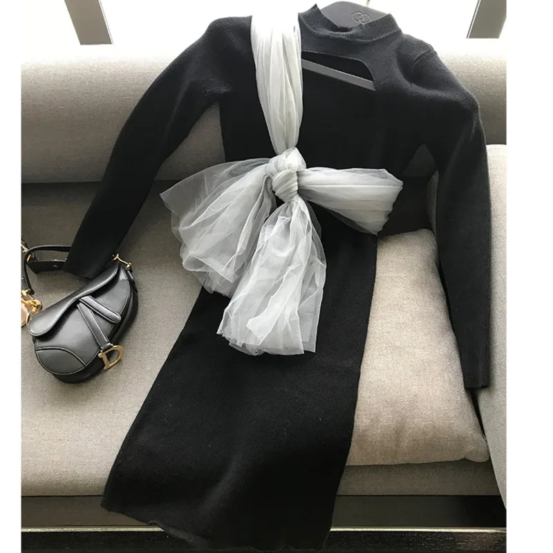 

[DEAT] Hollow Out Elastic Knitted Sheath Dress With Mesh Long Sleeve Solid Knee Length New Fashion Tide 2021 Spring GX074