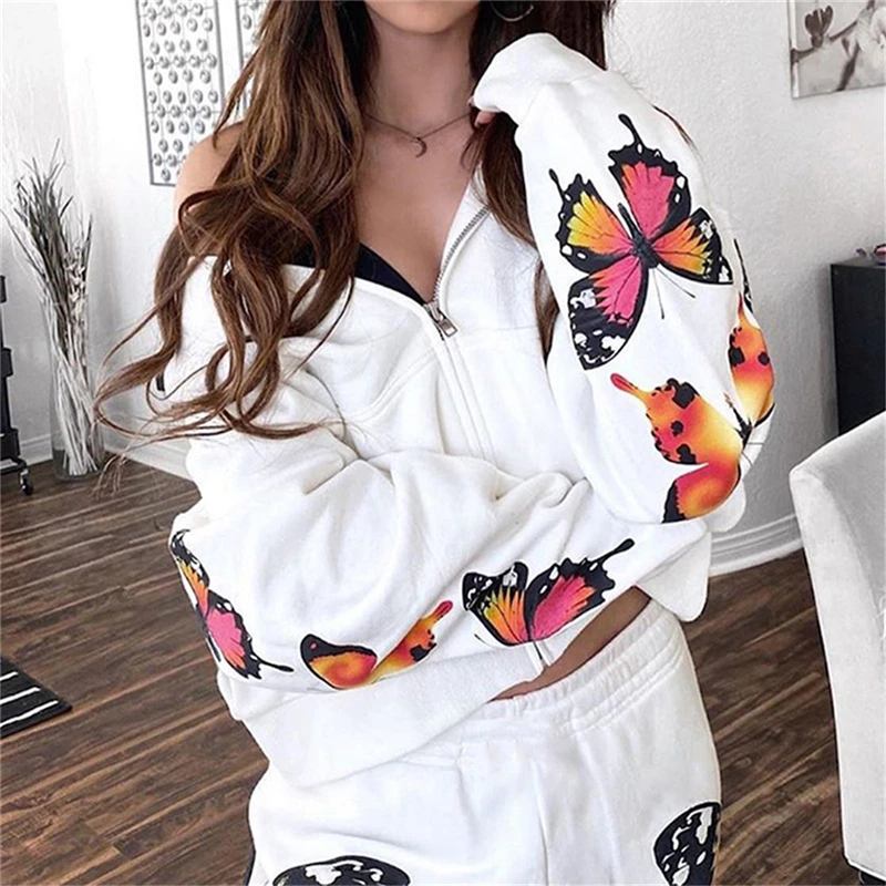 

White Casual Loose Track Pants Joggers High Waist Sweatpants Women Butterfly Print Harajuku Long Trousers Streetwear