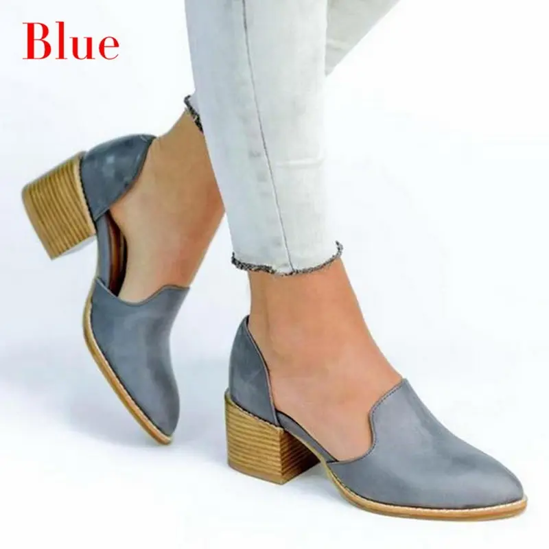 Blue Litthing; женские кожаные туфли лоферы из искусственной кожи; обувь из лакированной кожи на среднем каблуке без застежки; женская обувь с острым носком на толстом каблуке - Цвет: Blue
