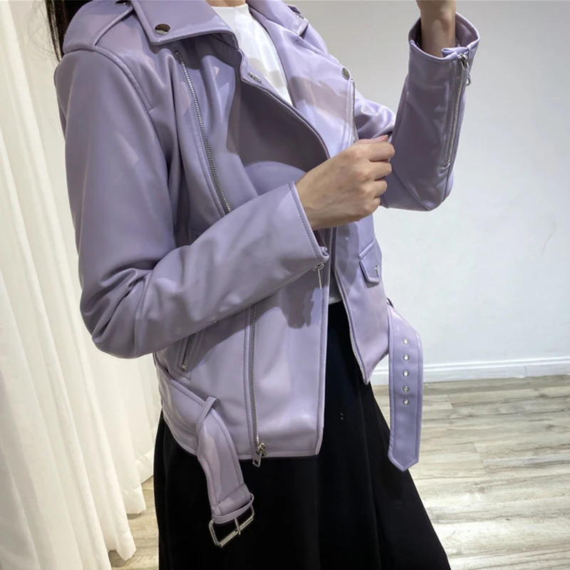 

Ailegogo Women Spring Streetwear PU Faux Leather Short Jacket with Belt Moto Biker Basic Coat Turn-down Collar Zipper Jackets