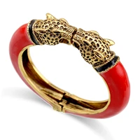 trendy double leopard head enamel cuff bracelet statement bangle for women girls gold plated animal vintage bracelet pulseira