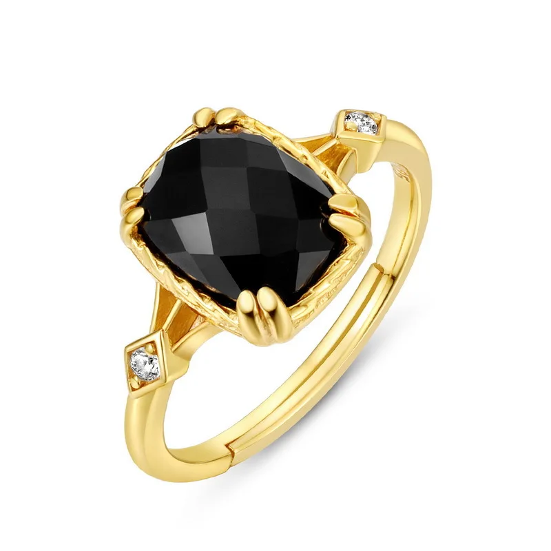 

Fengxiaoling 925 Sterling Silver New Woman Fashion Jewelry High Quality Black Agate Golden Zircon Ring Fashion Party Jewelry