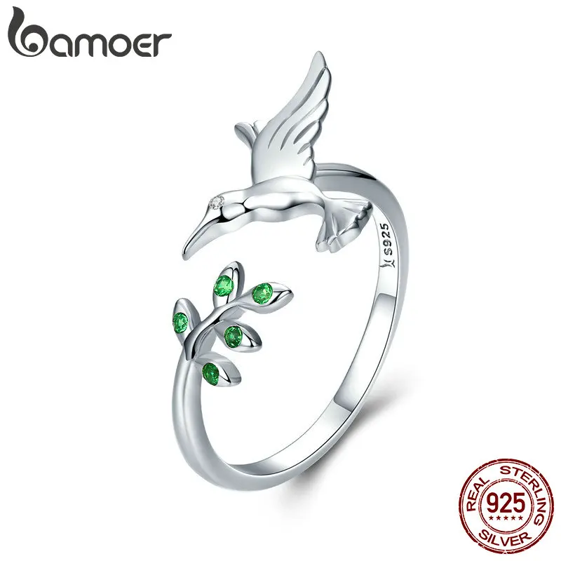 BAMOER, подлинные 925 пробы, серебряные, птица и листья весеннего дерева, открытый размер, кольца на палец для женщин, ювелирные изделия из стерлингового серебра SCR323