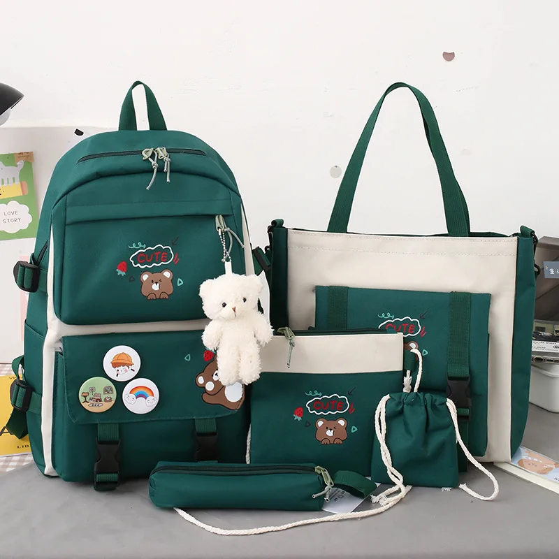 

5Pcs/set Canvas Cute School Bags for Teenage Girls Large Capacity Laptop Backpacks Women Book Bags College Travel Backpacks