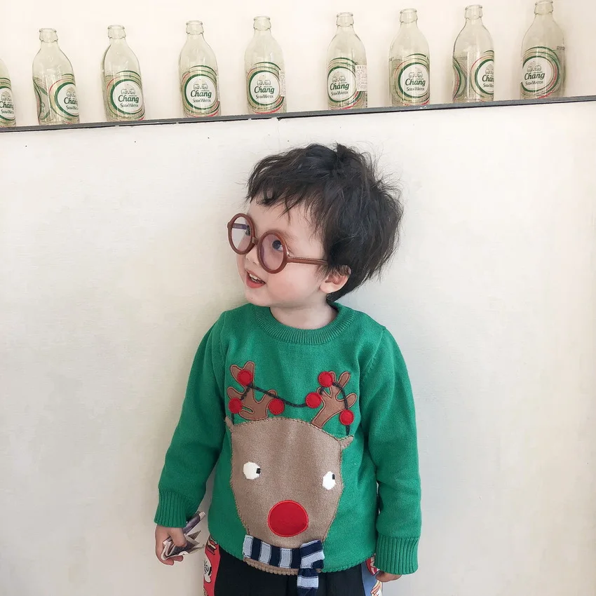 Tonytaobaby/зимняя одежда; Новинка; детская одежда для мальчиков и девочек; милый плотный свитер с зеленым оленем; Рождественская одежда для малышей