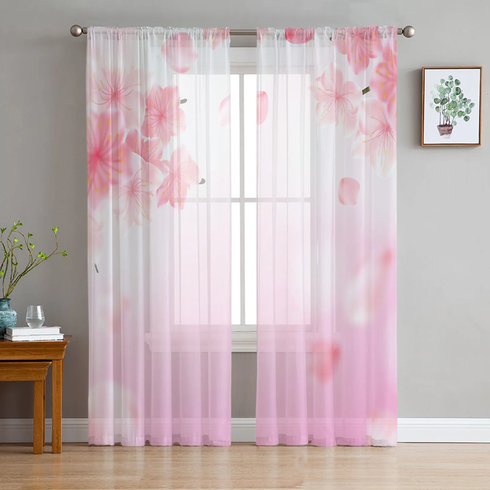 

Pink Graded Flower Spring Sheer Curtains for Living Room Bedroom Kitchen Chiffon Tulle Curtains Home Hotel Coffee Decor
