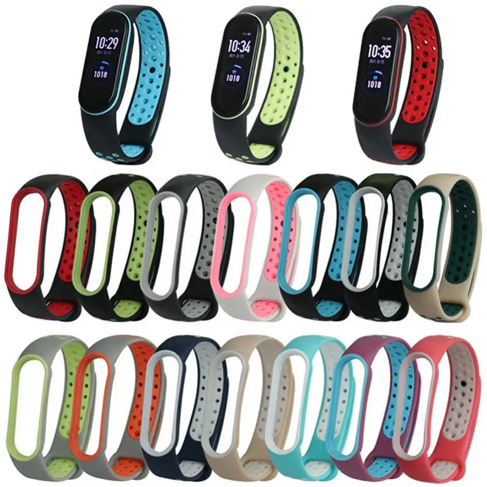 

Ремешок для фитнес-браслета Xiaomi Mi Band 6, силиконовый, двухцветный, дышащий, сменный ремешок для MiBand 5, 6, NFC, аксессуары для спортивного браслета