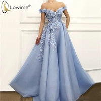 sky blue off shoulder evening dresses a line handmade flowers applique floor length evening gowns 2020 formal dress