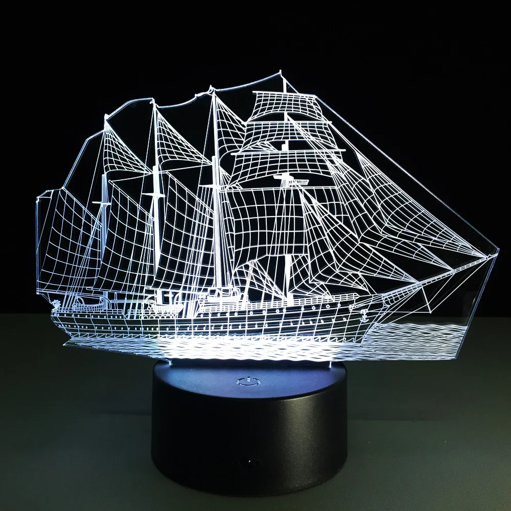

Sail Boat - 3D Optical Illusion Novelty Table Lamp Beautiful Sea Boat Shape 7 Colors Touch Night Light USB