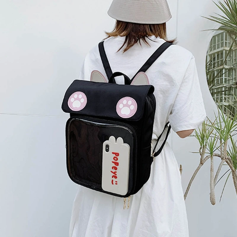 

Cute Ear Backpack Large Capacity Transparent Front Pocket Handbag Multipurpose Teenage Girl Portable Travel School Wild K5DA