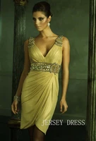 free shipping 2020 v neck new design formal gowns beading crystal sexy prom short party gold gestante bridesmaid dresses