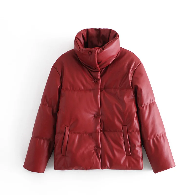 

Women Pop Winter Vogue Thick Warm Faux Leather Vintage Long Sleeve Padded Jacket Female Chic Overcoat