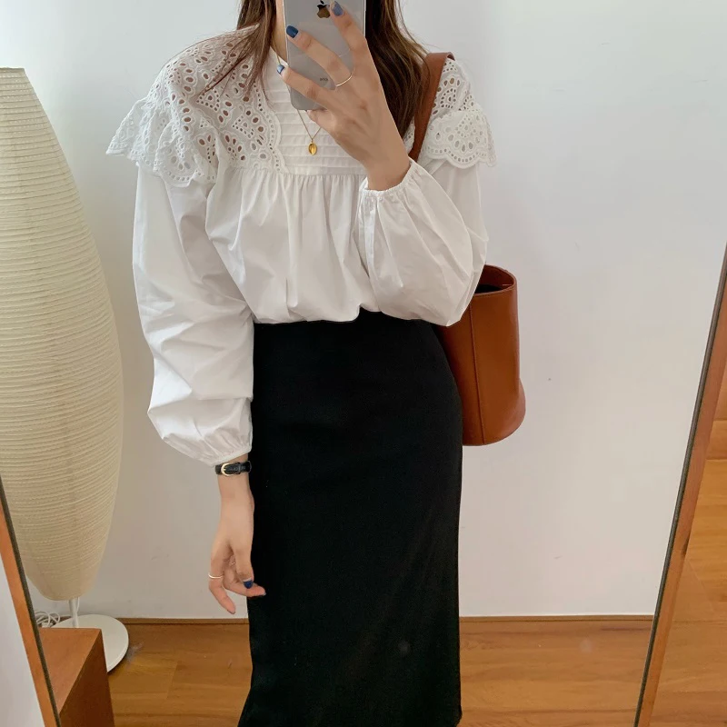 

Женская блузка с круглым вырезом, с длинным рукавом, с вырезами