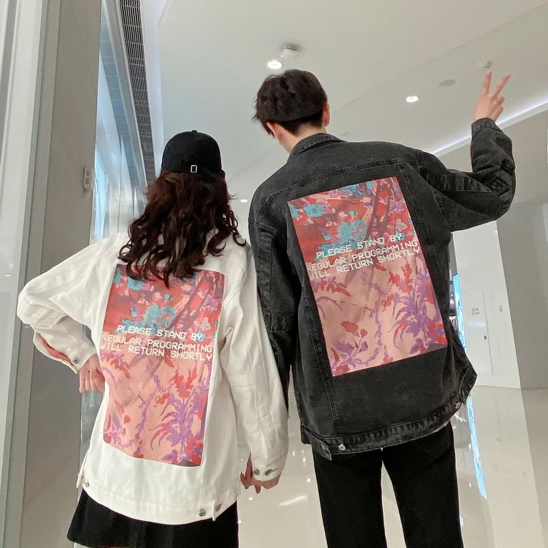 2020 Spring And Autumn New Couple Youth Popular Back Print Denim Jacket Fashion Casual Loose Distressed Top Black / White S-3XL | Мужская