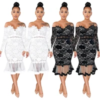 women elegant lace dress sexy v neck chest wrapping long sleeve bag hip vestidos mesh patchwork fishtail see through slim dress